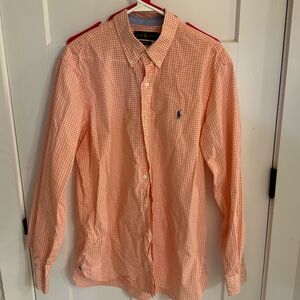 Light Orange/Peach Gingham Polo Button Up. Worn once. No stains, marks or rips.